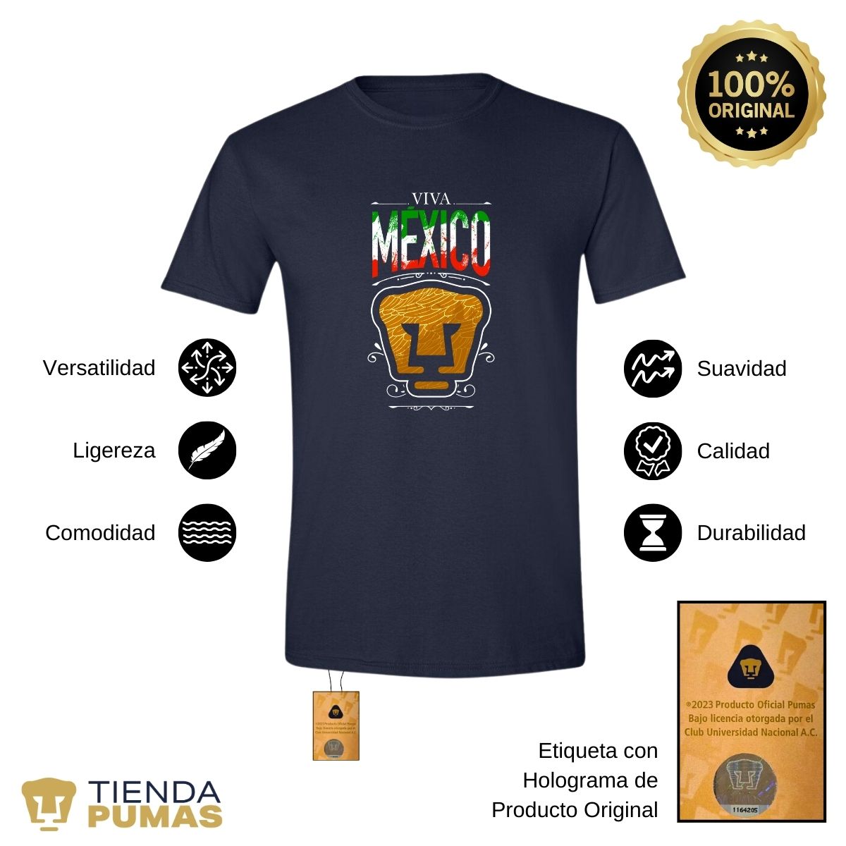 Playera Hombre Pumas UNAM Viva México Escudo