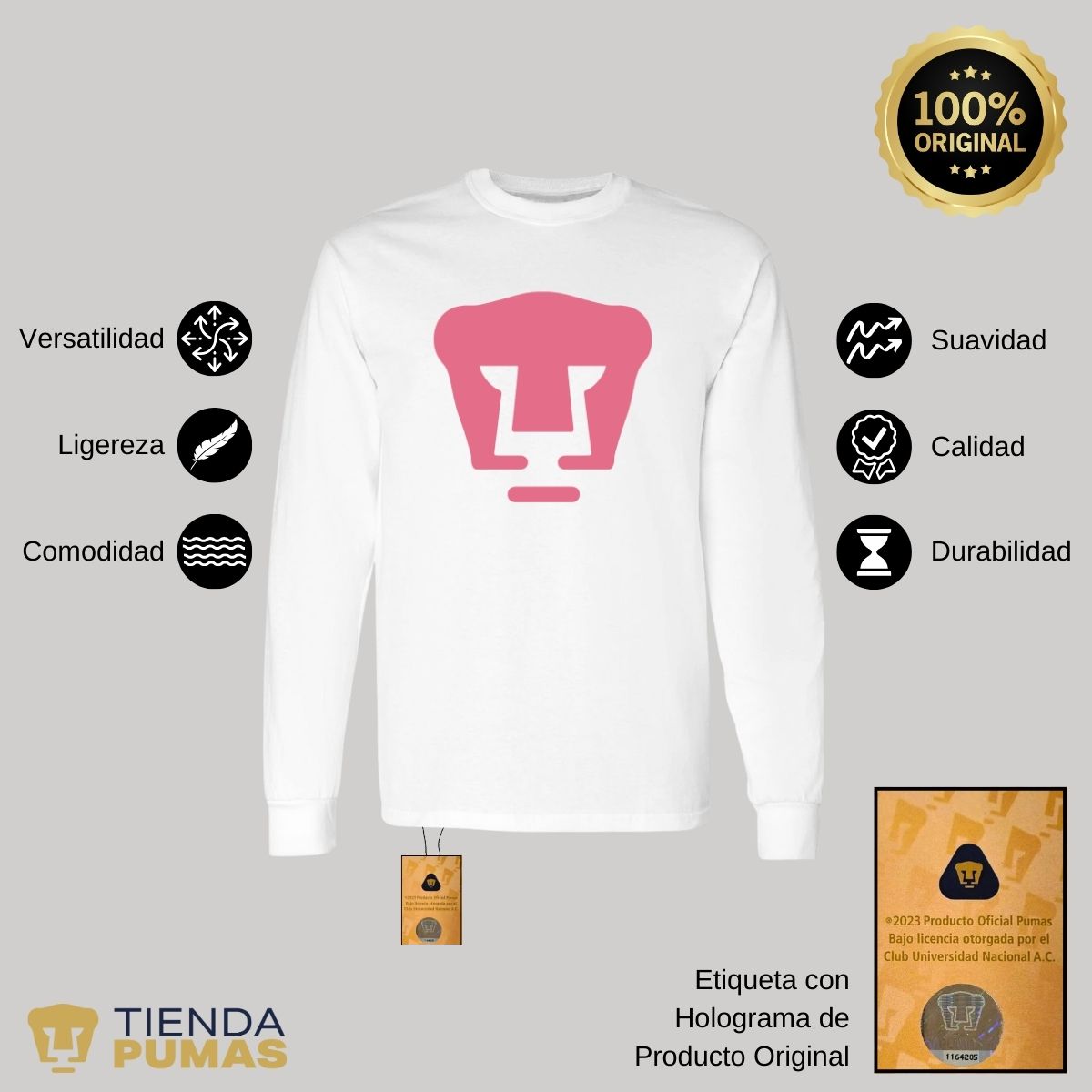 Playera Hombre Pumas Logo Rosa Manga Larga