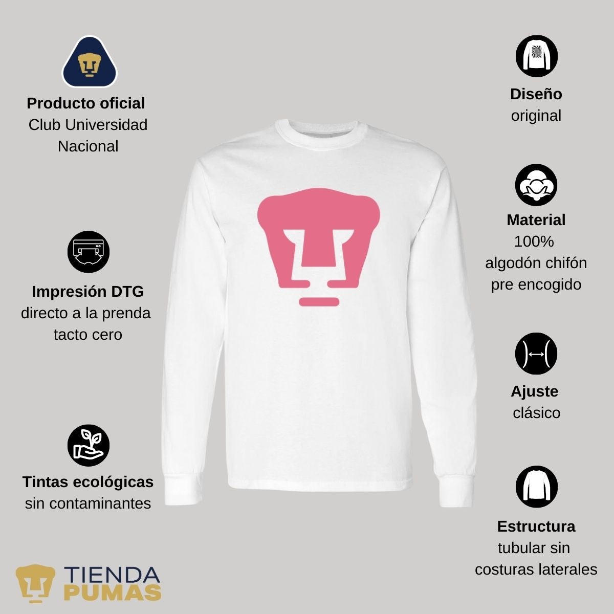 Playera Hombre Pumas Logo Rosa Manga Larga