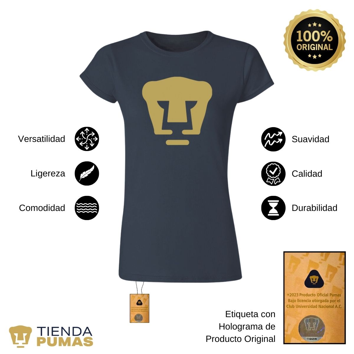 Playera Pumas UNAM Mujer Logo Dorado