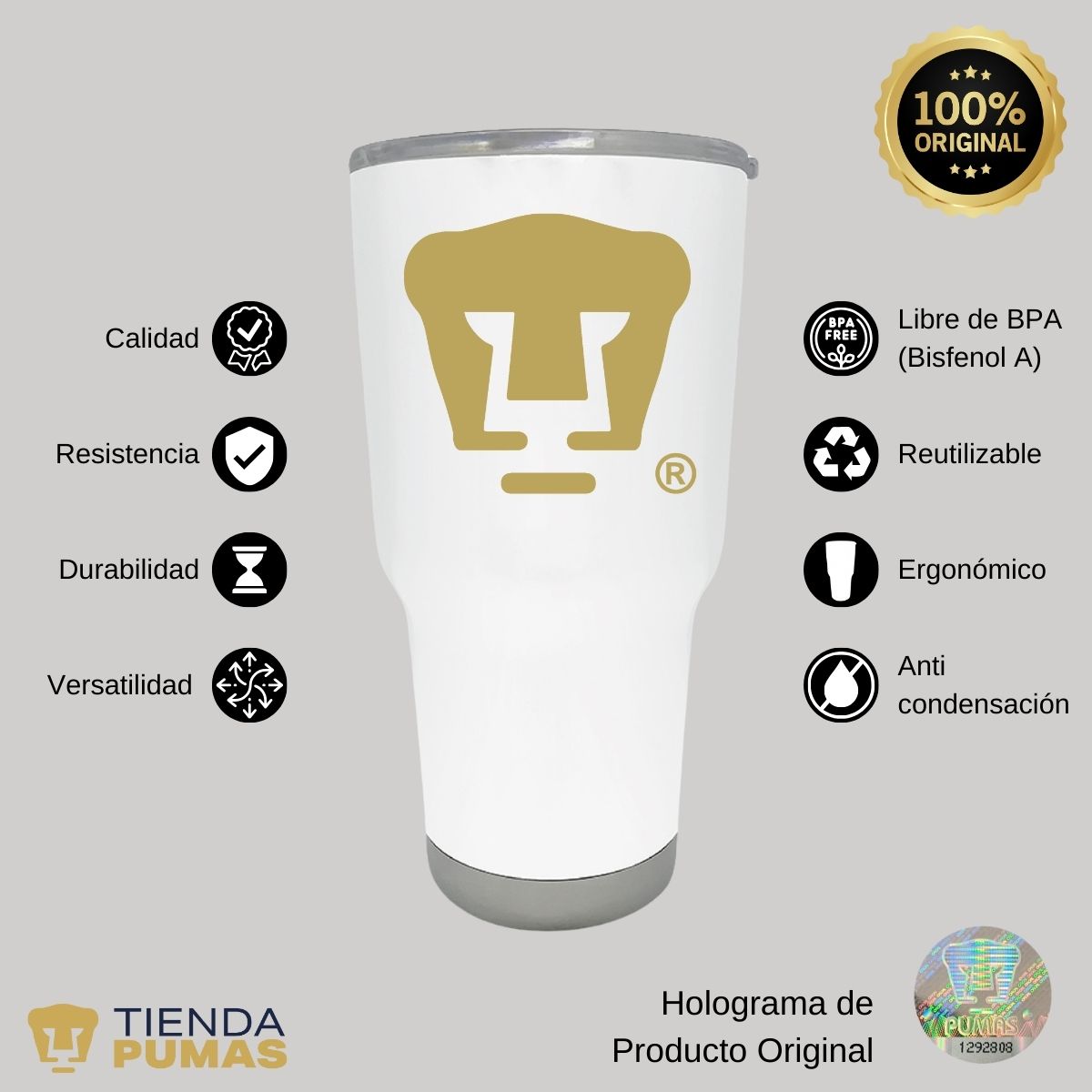 Termo 30 Oz Pumas UNAM Logo dorado