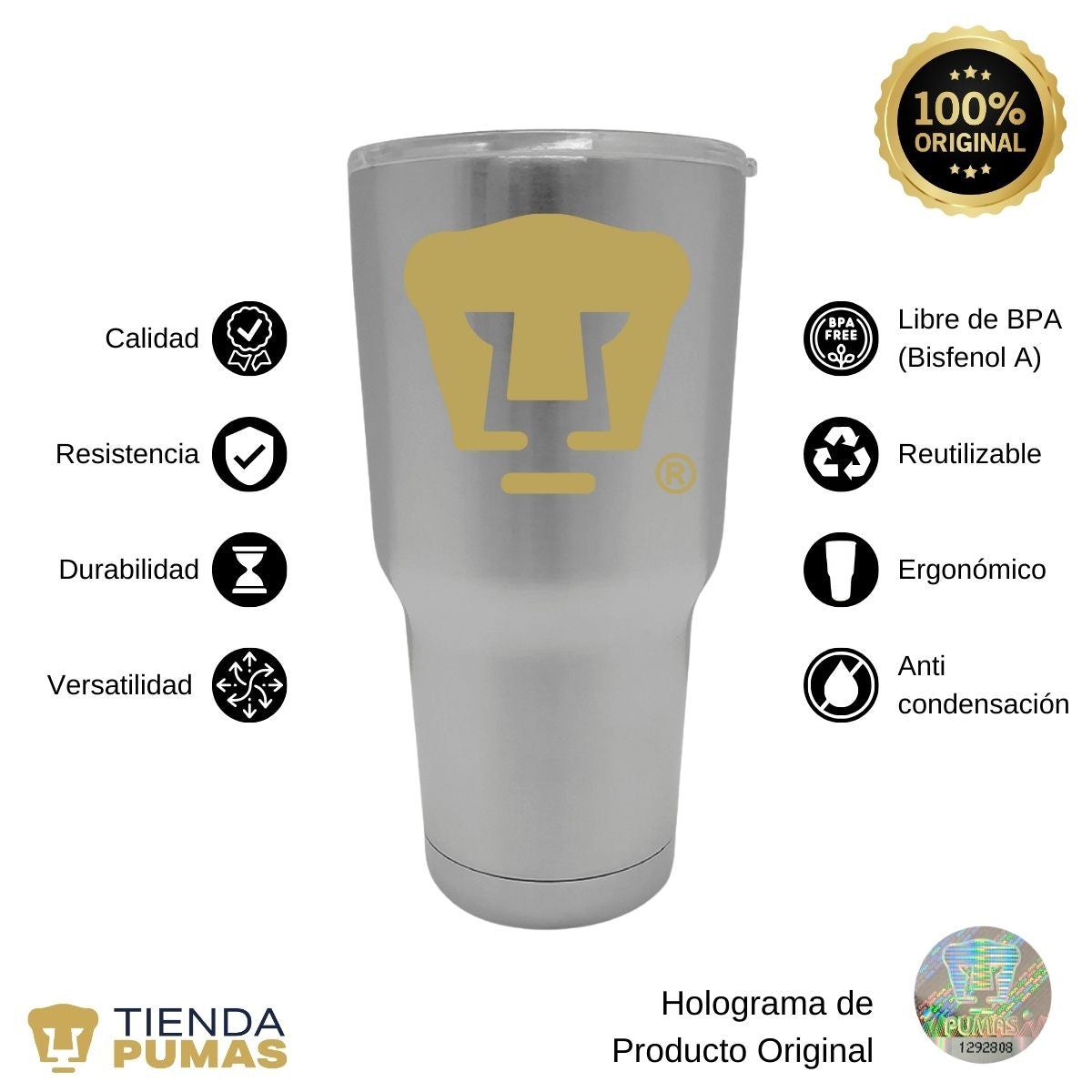 Termo 30 Oz Pumas UNAM Logo dorado