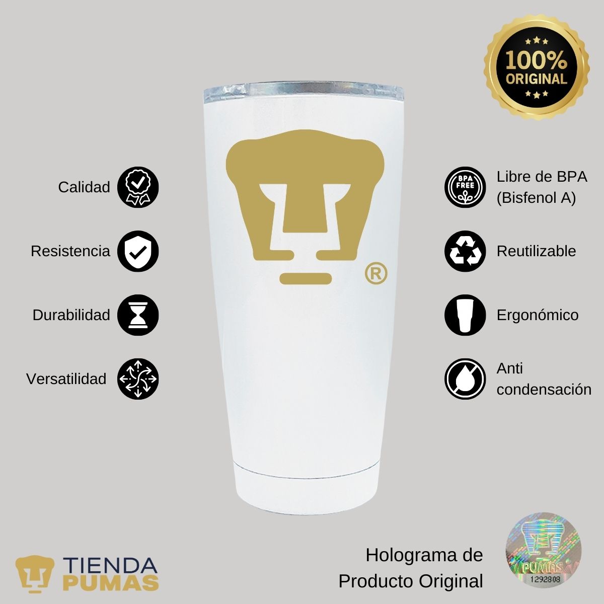 Termo 20 Oz Pumas UNAM Logo dorado