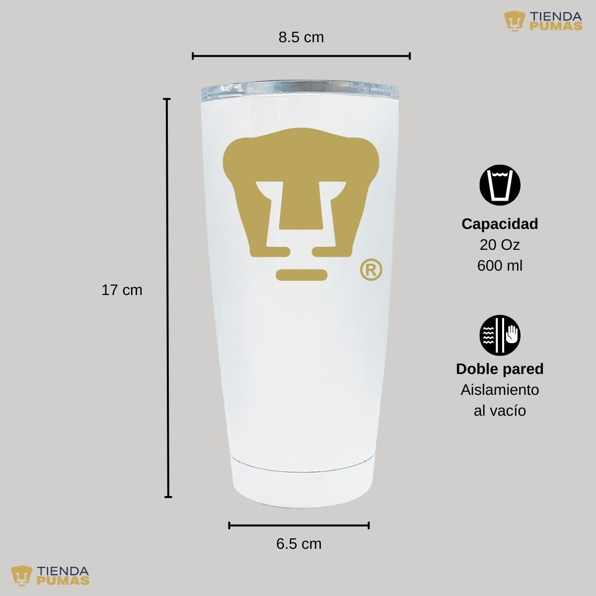 Termo 20 Oz Pumas UNAM Logo dorado