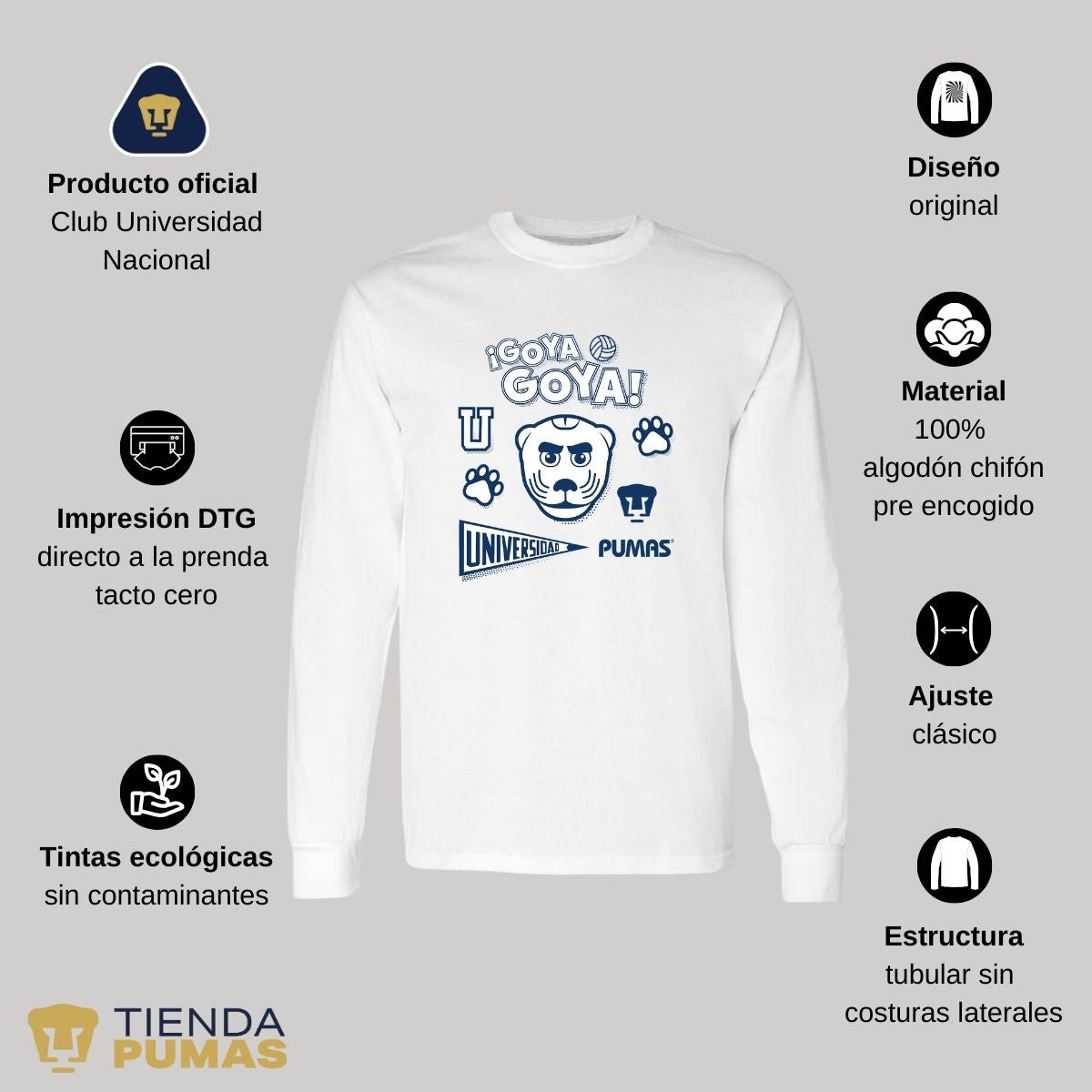 Playera Hombre Pumas UNAM Goyo Universidad Manga Larga