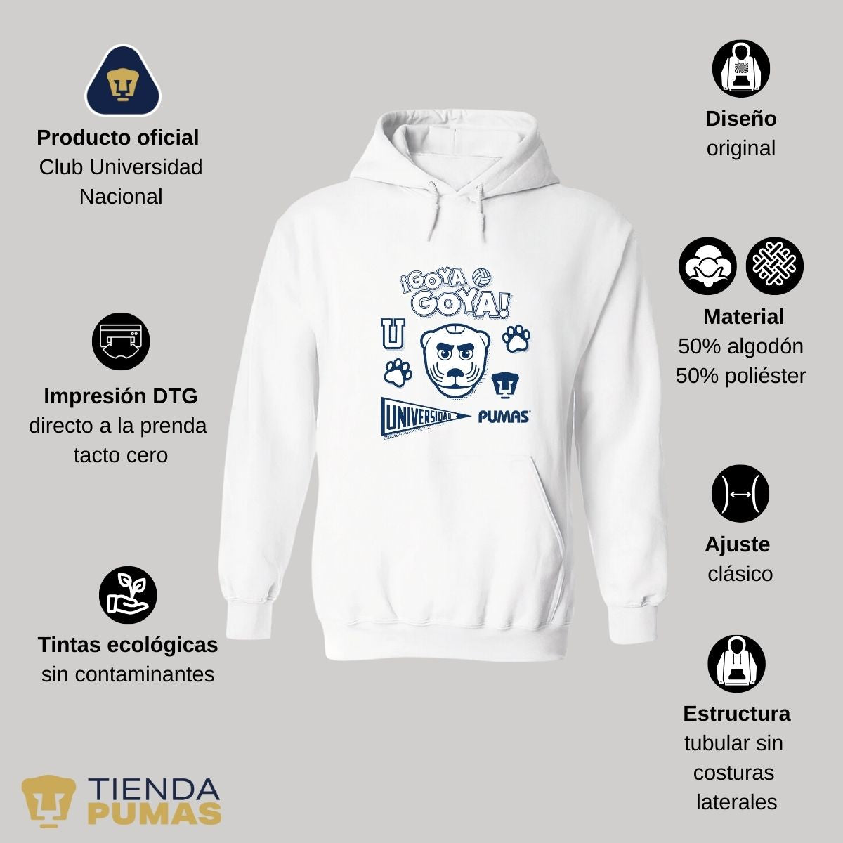 Sudadera Hombre Hoodie  Pumas UNAM Goya Universidad