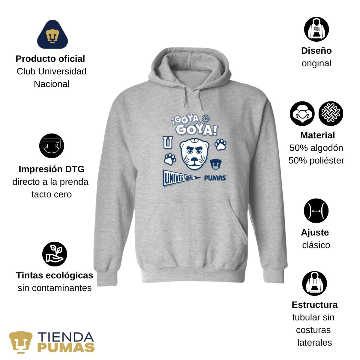 Sudadera Hombre Hoodie  Pumas UNAM Goya Universidad