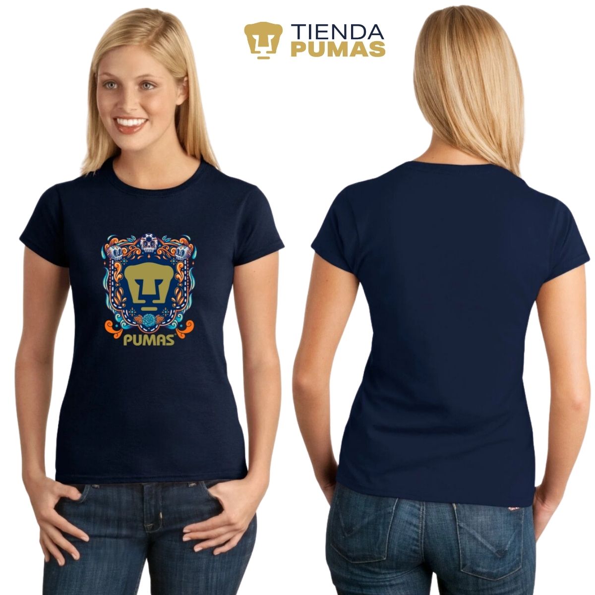 Playera Mujer Pumas UNAM Día de Muertos Celeste