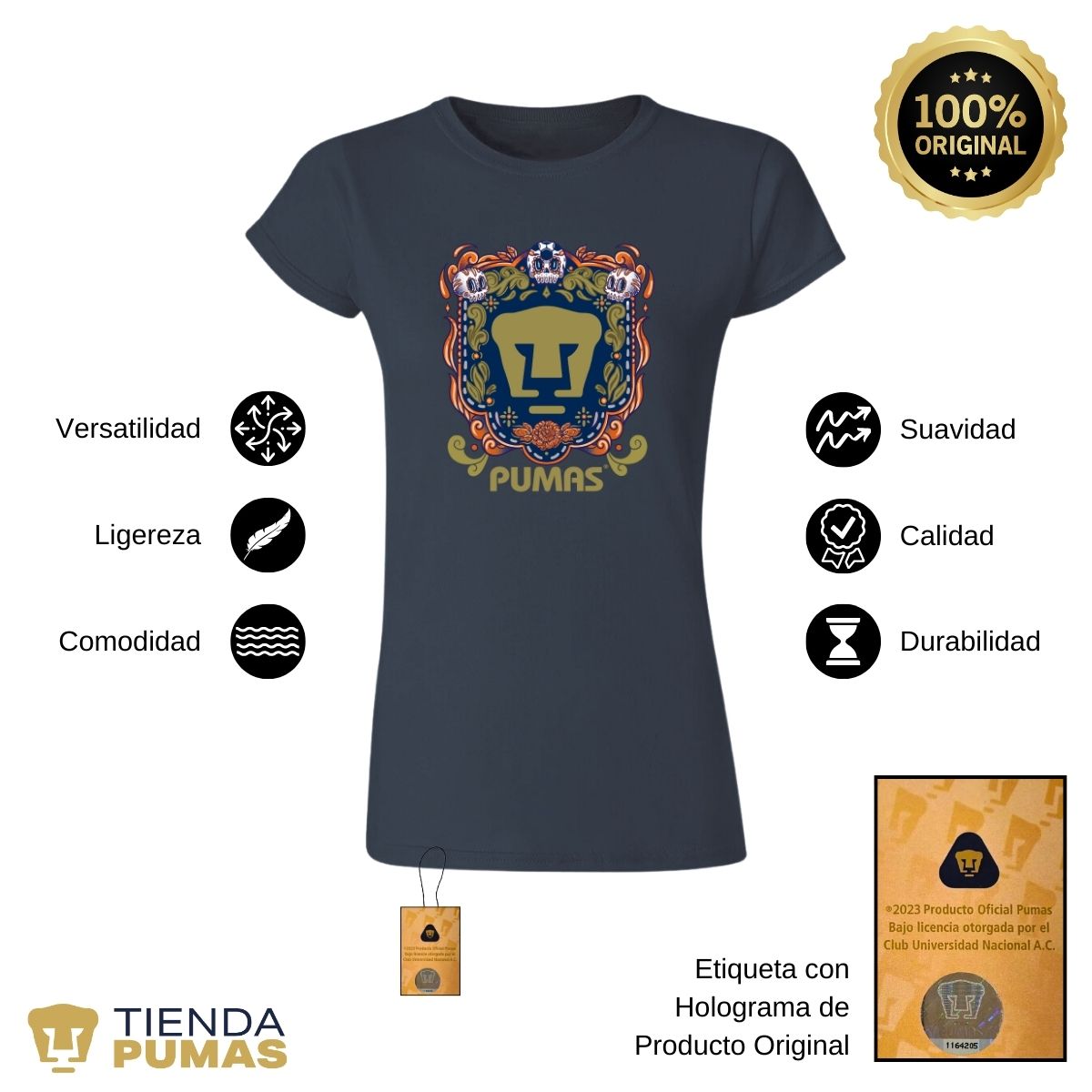 Playera Mujer Pumas UNAM Día de Muertos Naranja