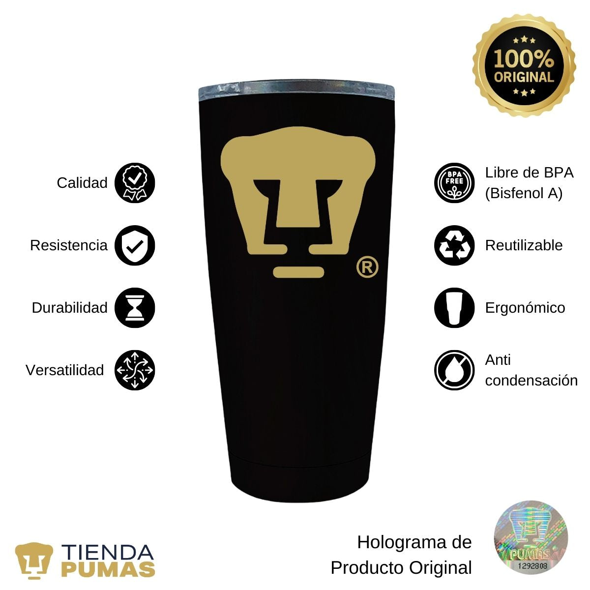 Termo 20 Oz Pumas UNAM Logo dorado