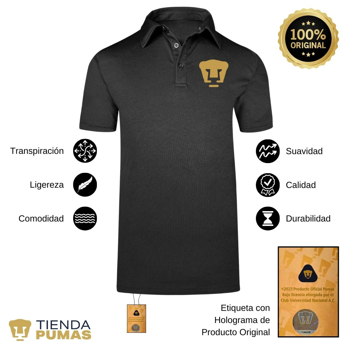 Playera Tipo Polo Transpirable Hombre Pumas UNAM Logo Dorado Vinil