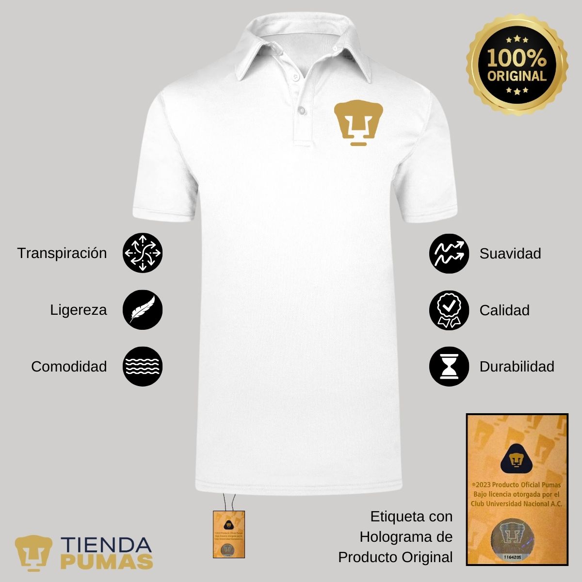 Playera Tipo Polo Transpirable Hombre Pumas UNAM Logo Dorado Vinil