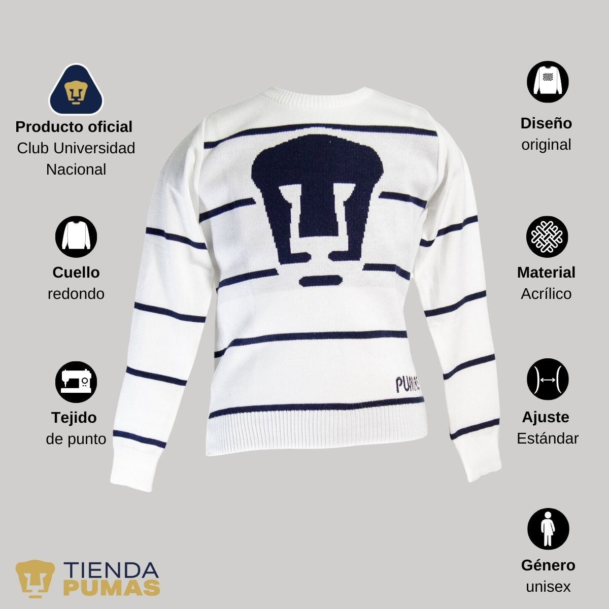 Suéter blanco unisex niño niña Universitario UNAM Pumas