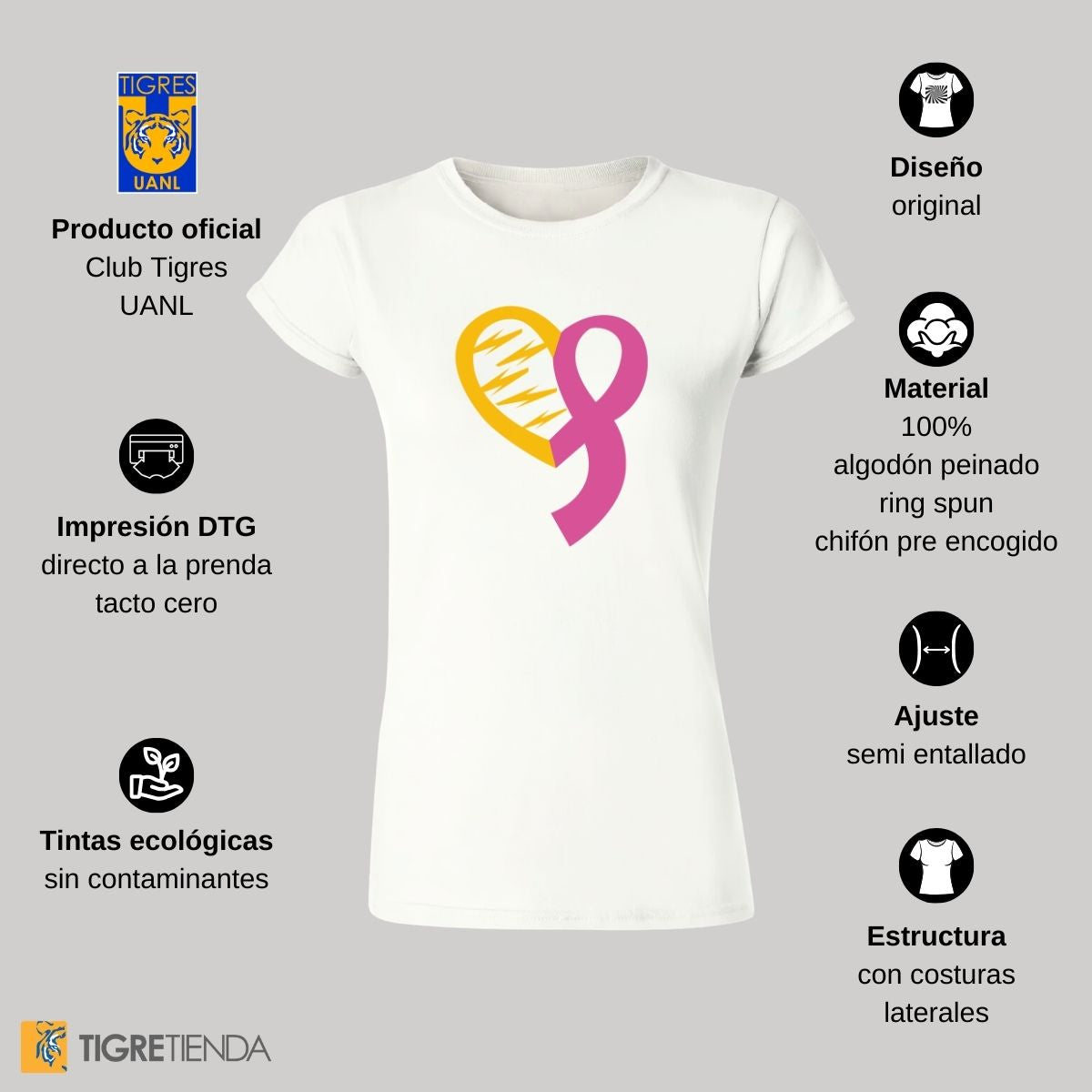 Playera Rosa Mujer Tigres UANL Cáncer Mama