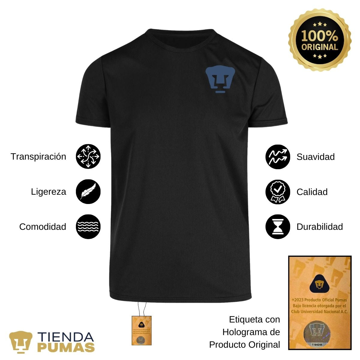 Playera transpirable Hombre Pumas UNAM Logo Azul Vinil