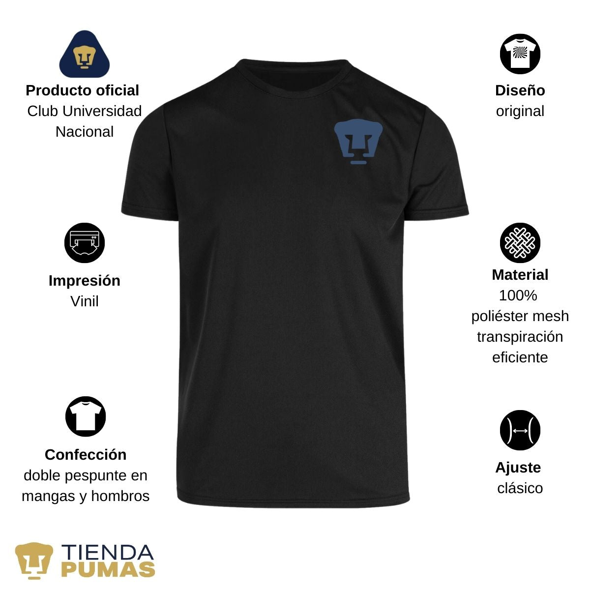 Playera transpirable Hombre Pumas UNAM Logo Azul Vinil