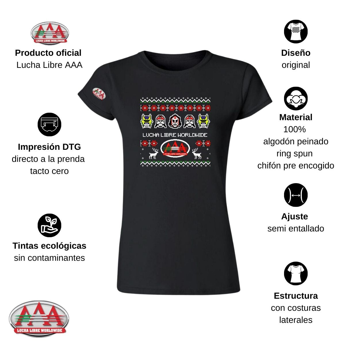 Playera Navideña Mujer Lucha Libre AAA Luchadores