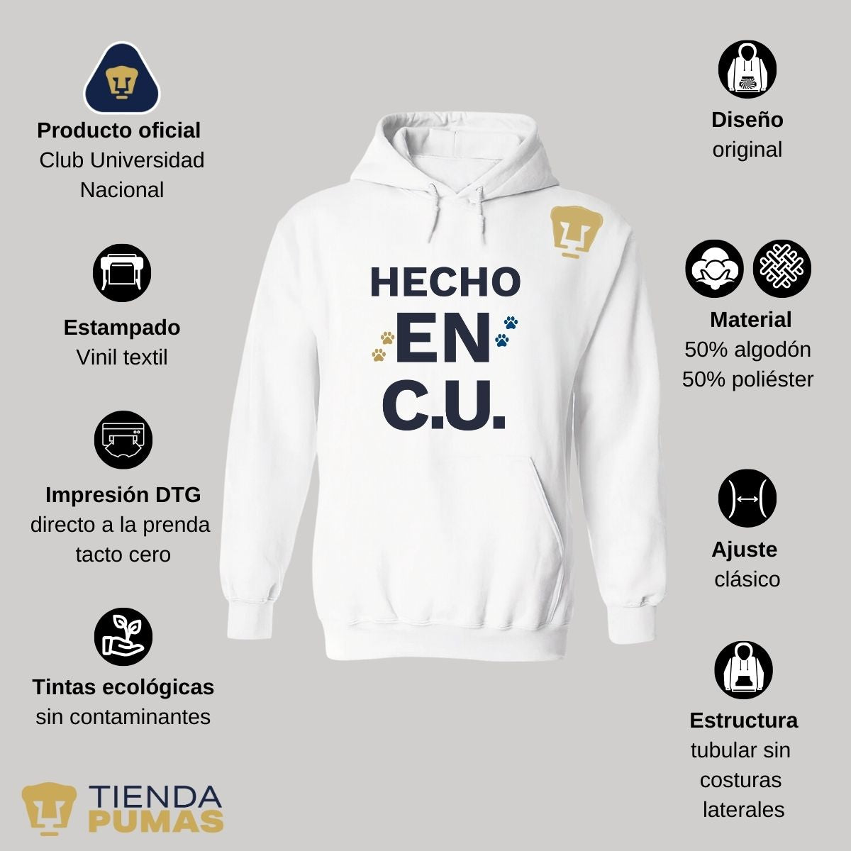 Sudadera Hombre Hoodie Pumas UNAM Hecho en C.U. DTG-Vinil