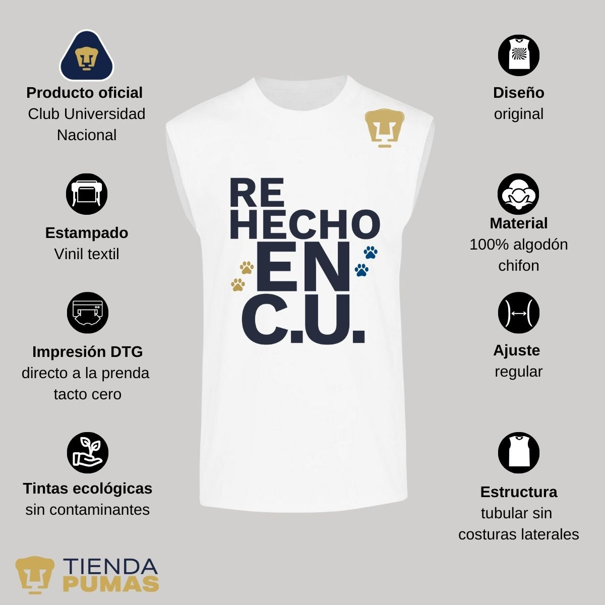 Playera Sin Manga Hombre Pumas UNAM Re Hecho en C.U. DTG-Vinil