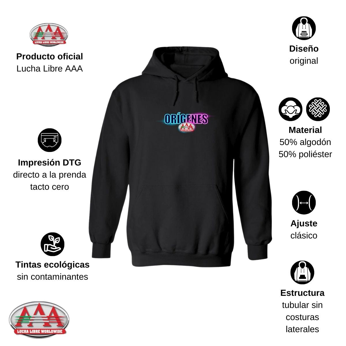 Sudadera Lucha Libre AAA Hombre Hoodie Logo Orígenes Fte