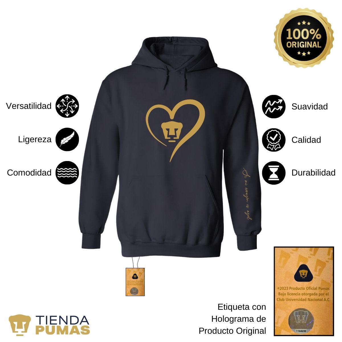 Sudadera para Mujer Hoodie Pumas UNAM Corazón Oro