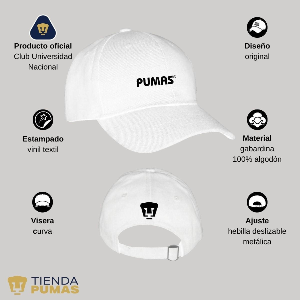 Gorra Pumas UNAM Hombre Mujer Ajustable Logo Blanco Negro 2 Vinil