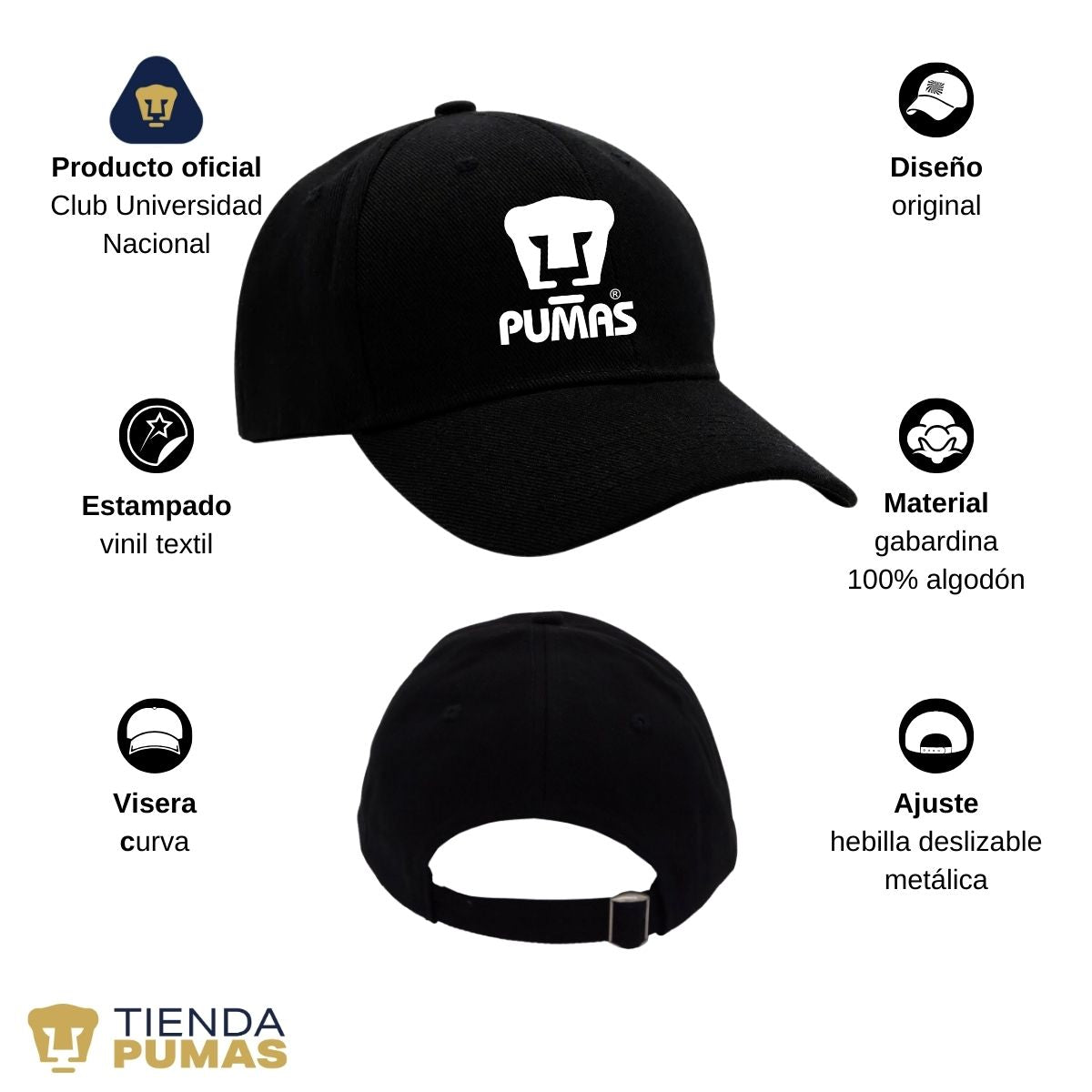 Gorra Pumas UNAM Hombre Mujer Ajustable Logo Blanco Negro 3 Vinil