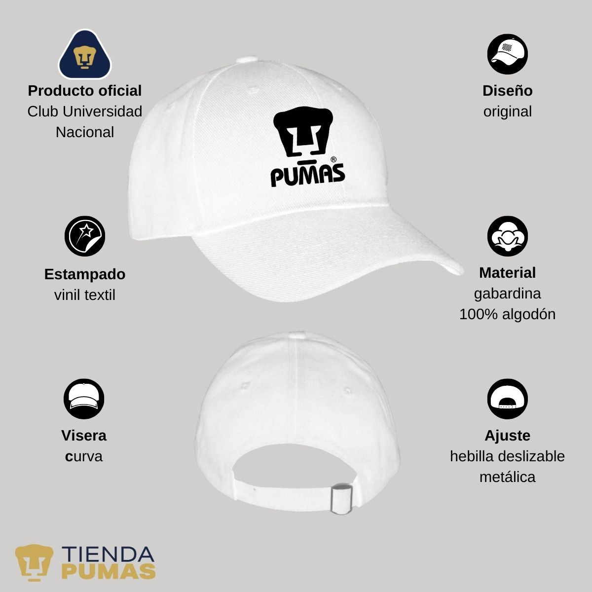 Gorra Pumas UNAM Hombre Mujer Ajustable Logo Blanco Negro 3 Vinil