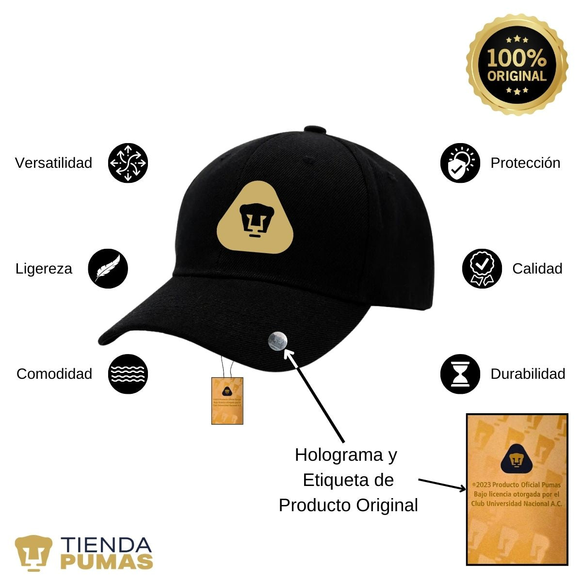 Gorra Pumas UNAM Hombre Mujer Ajustable Emblema Dorado 5 Vinil