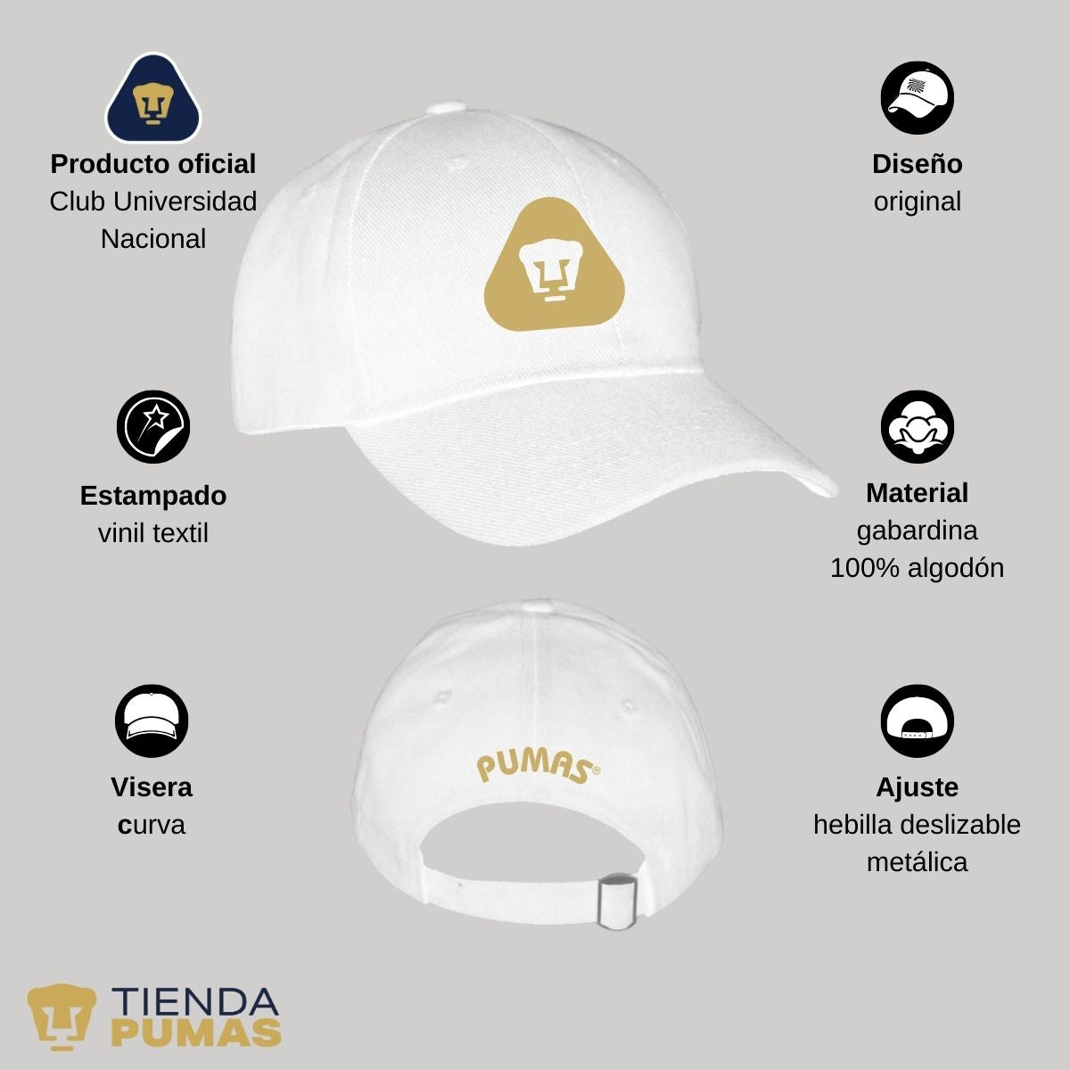 Gorra Pumas UNAM Hombre Mujer Ajustable Emblema Dorado 5 Vinil