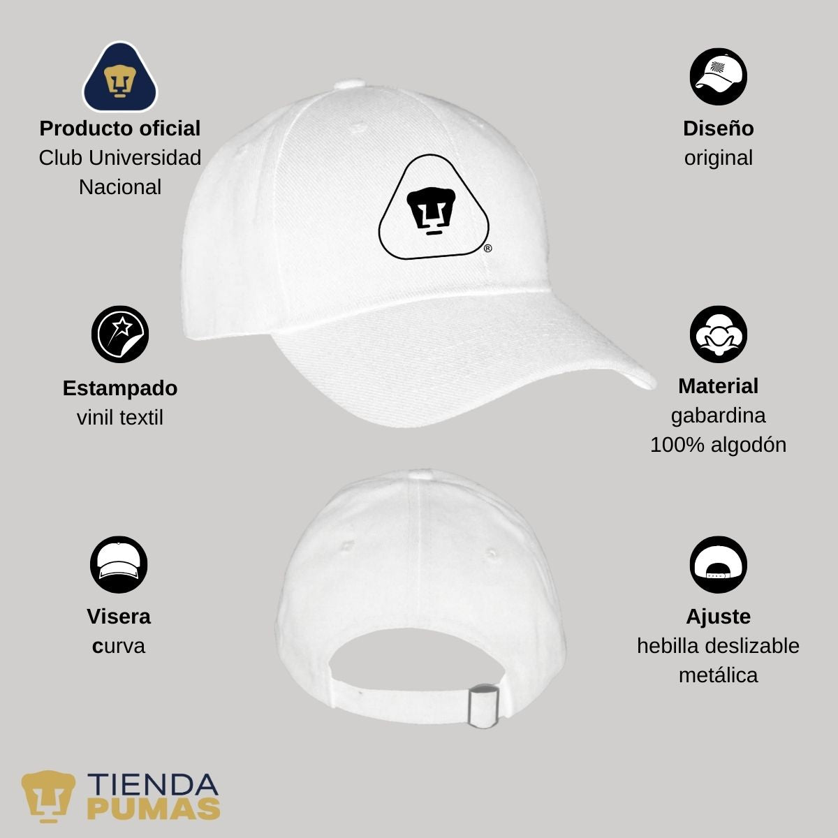 Gorra Pumas UNAM Hombre Mujer Ajustable Emblema Blanco Negro 6 Vinil