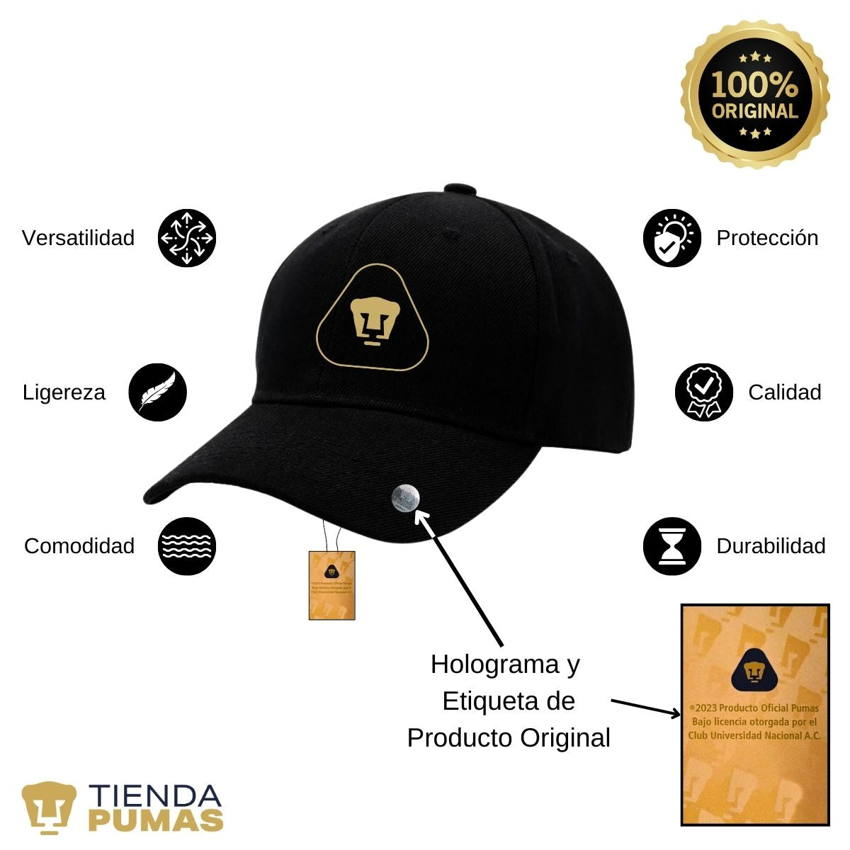 Gorra Pumas UNAM Hombre Mujer Ajustable Emblema Dorado 7 Vinil