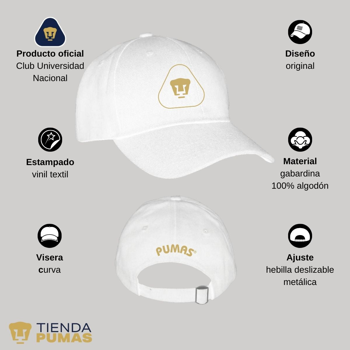 Gorra Pumas UNAM Hombre Mujer Ajustable Emblema Dorado 7 Vinil