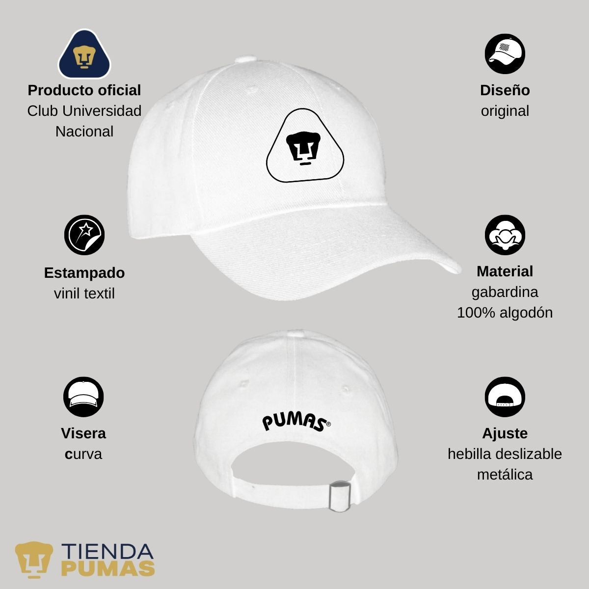 Gorra Pumas UNAM Hombre Mujer Ajustable Emblema Blanco Negro 7 Vinil