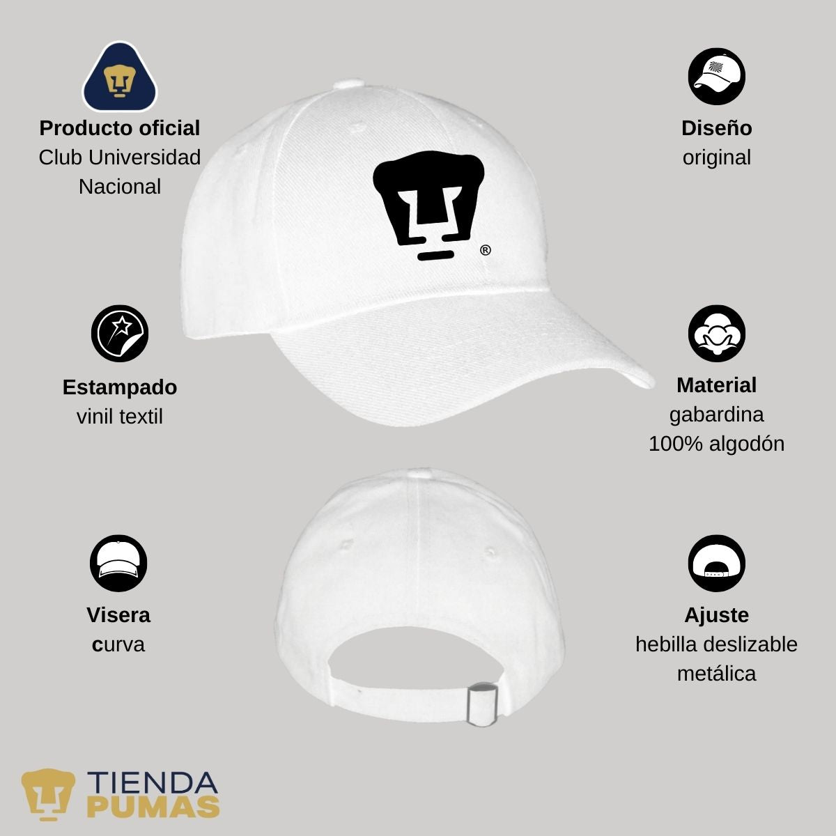 Gorra Pumas UNAM Hombre Mujer Ajustable Logo Blanco Negro 8 Vinil