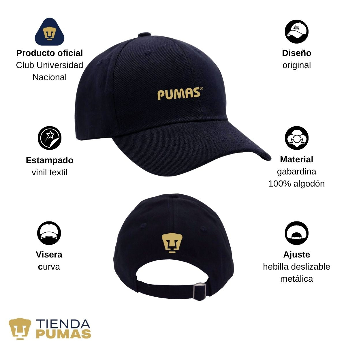 Gorra Pumas UNAM Hombre Mujer Ajustable Logo Dorado 2 Vinil