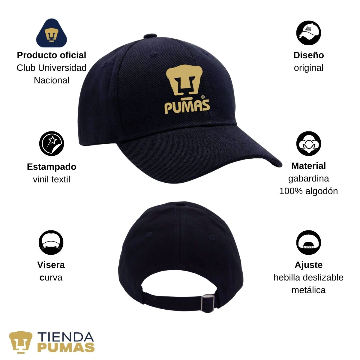 Gorra Pumas UNAM Hombre Mujer Ajustable Logo Dorado 3 Vinil