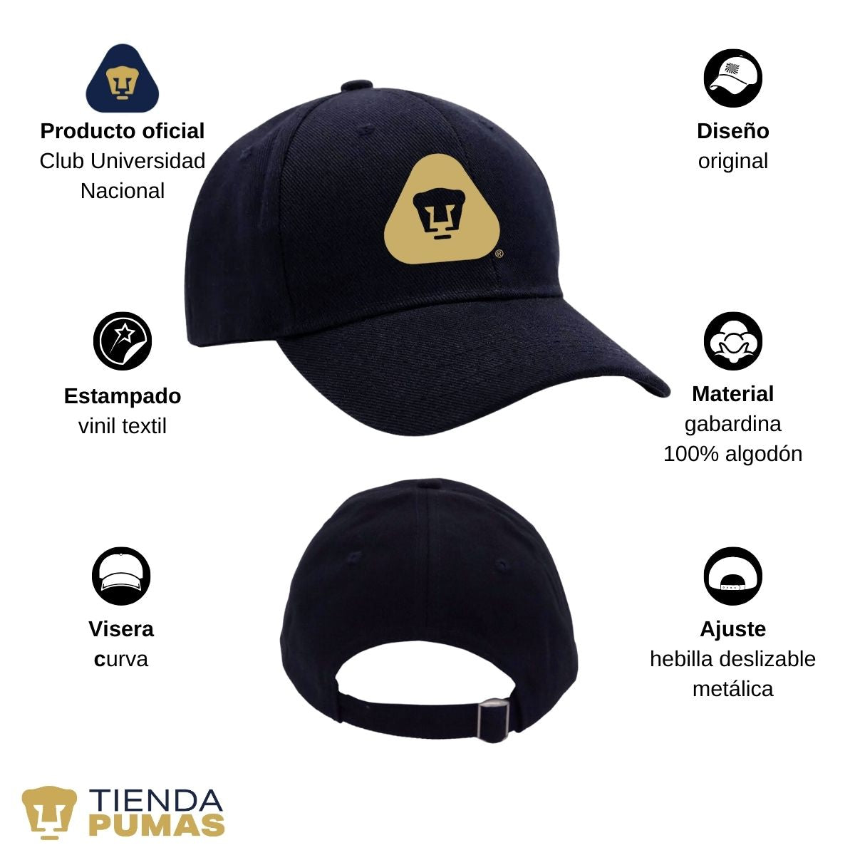 Gorra Pumas UNAM Hombre Mujer Ajustable Emblema Dorado 4 Vinil