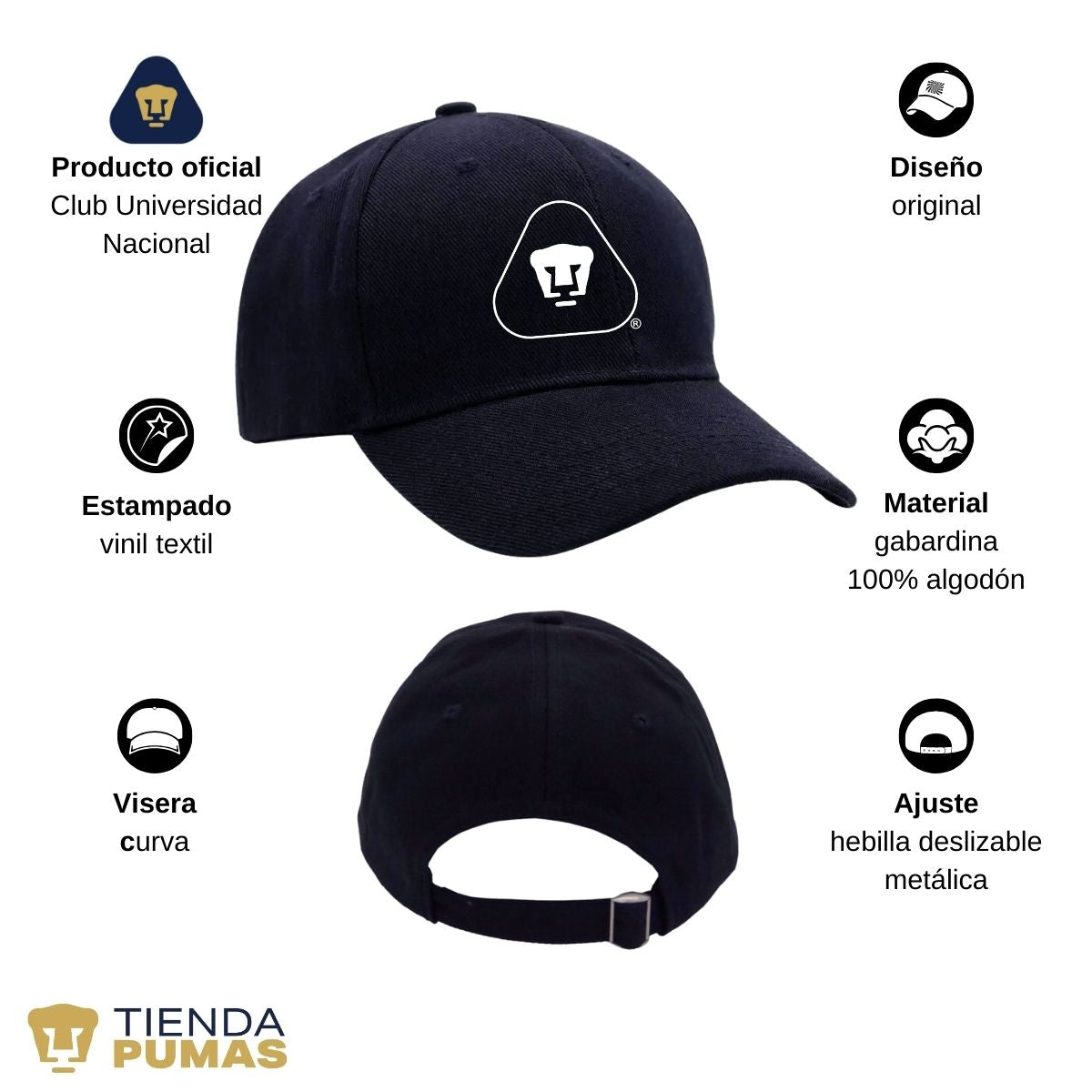 Gorra Pumas UNAM Hombre Mujer Ajustable Emblema Blanco Negro 6 Vinil