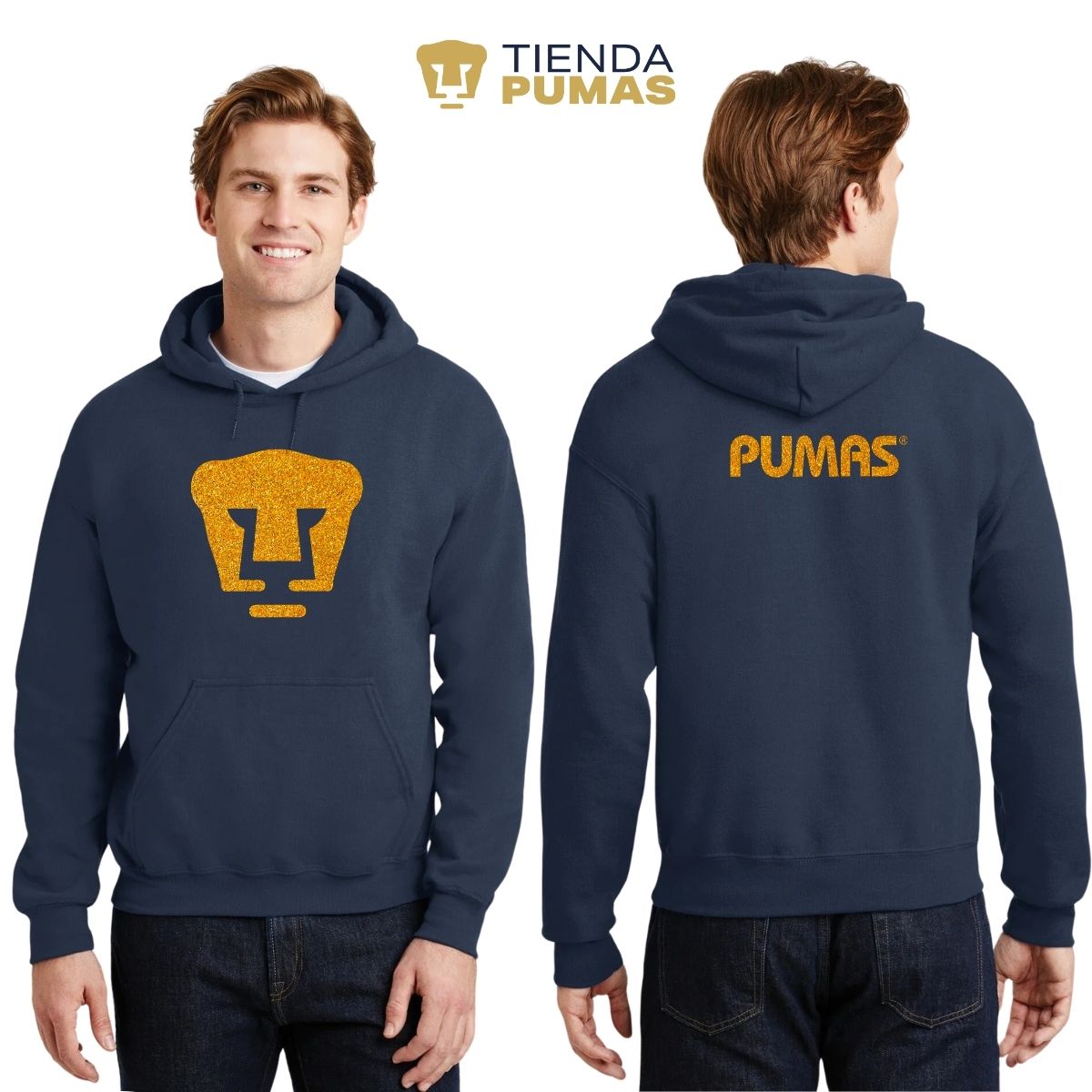 Sudadera Hombre Hoodie Pumas UNAM Logo Dorado Glitter Vinil