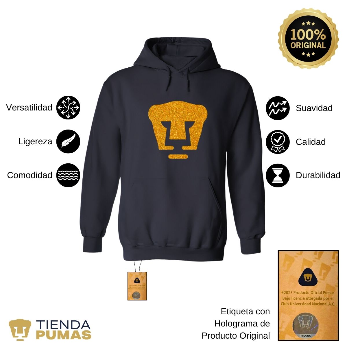 Sudadera Hombre Hoodie Pumas UNAM Logo Dorado Glitter Vinil