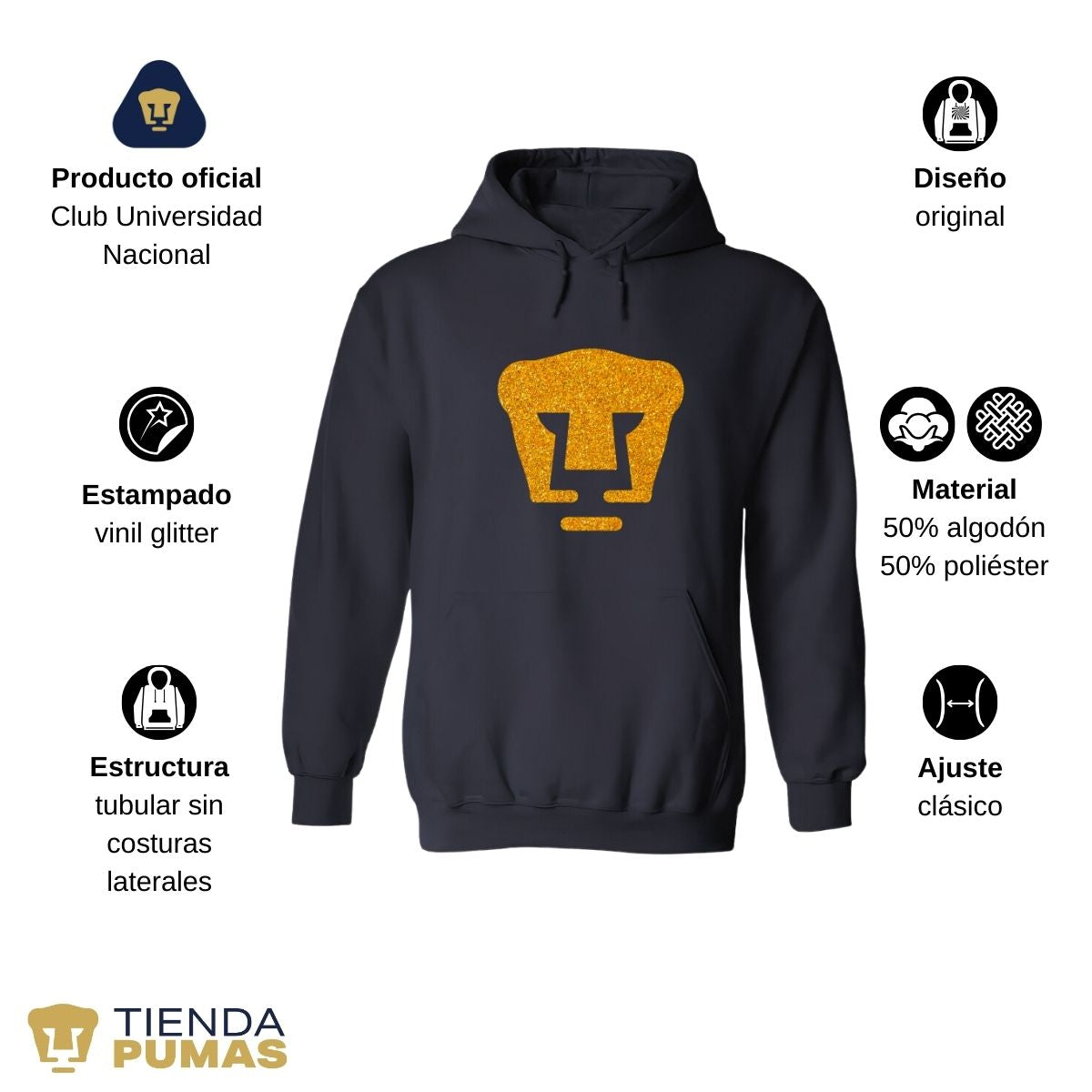 Sudadera Hombre Hoodie Pumas UNAM Logo Dorado Glitter Vinil