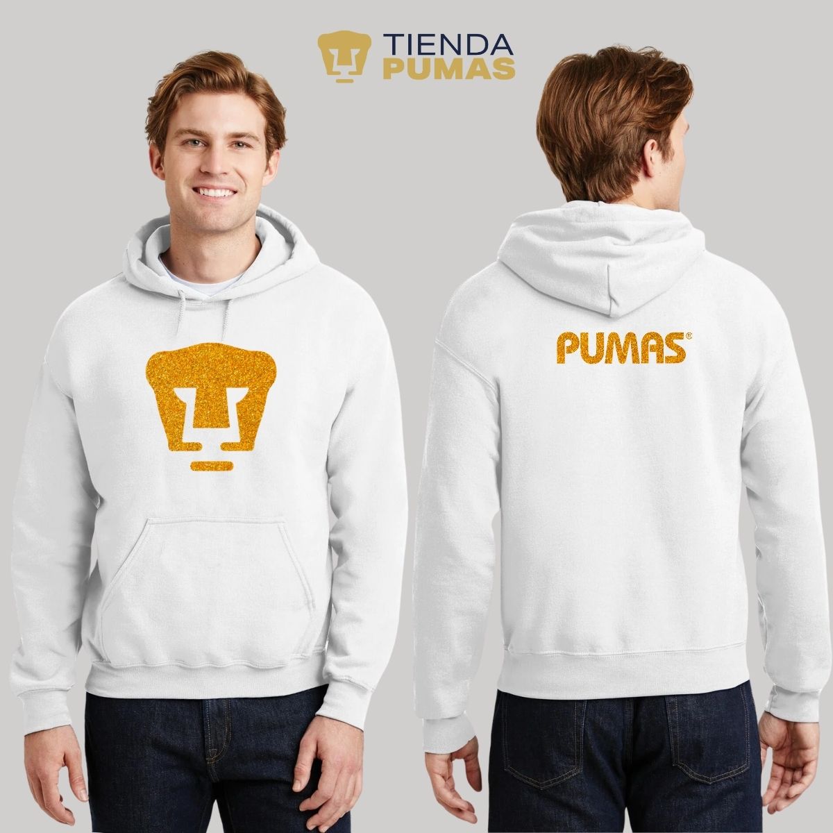 Sudadera Hombre Hoodie Pumas UNAM Logo Dorado Glitter Vinil