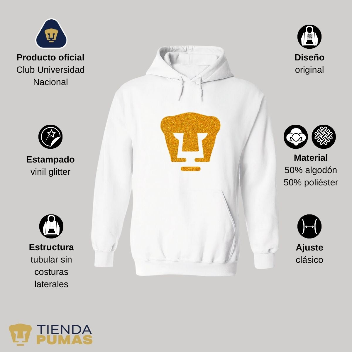 Sudadera Hombre Hoodie Pumas UNAM Logo Dorado Glitter Vinil