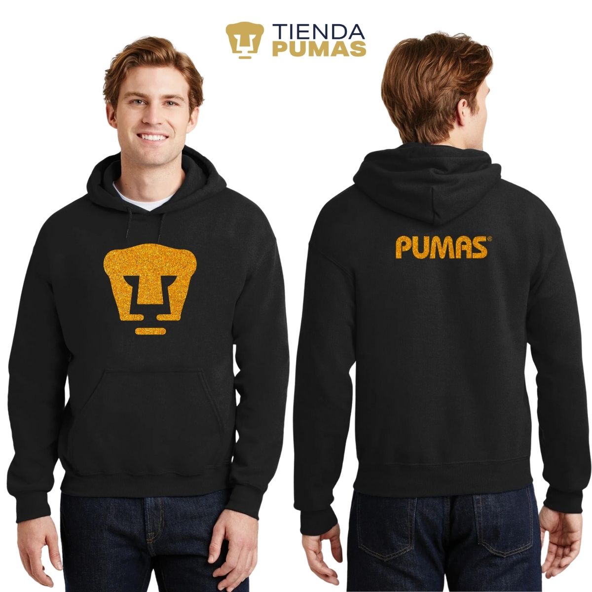 Sudadera Hombre Hoodie Pumas UNAM Logo Dorado Glitter Vinil