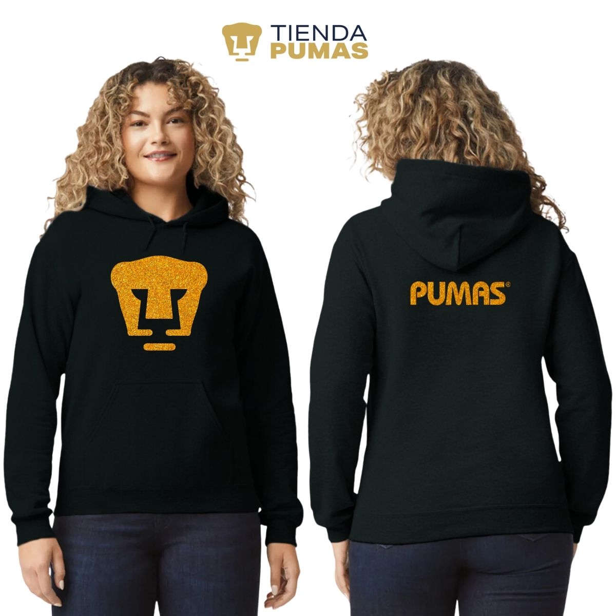 Sudadera Mujer Hoodie Pumas UNAM Logo Dorado Glitter