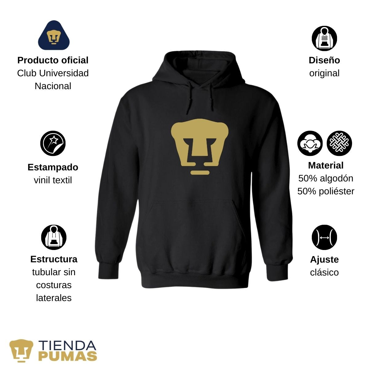 Sudadera Mujer Hoodie Pumas UNAM Logo Dorado Vinil