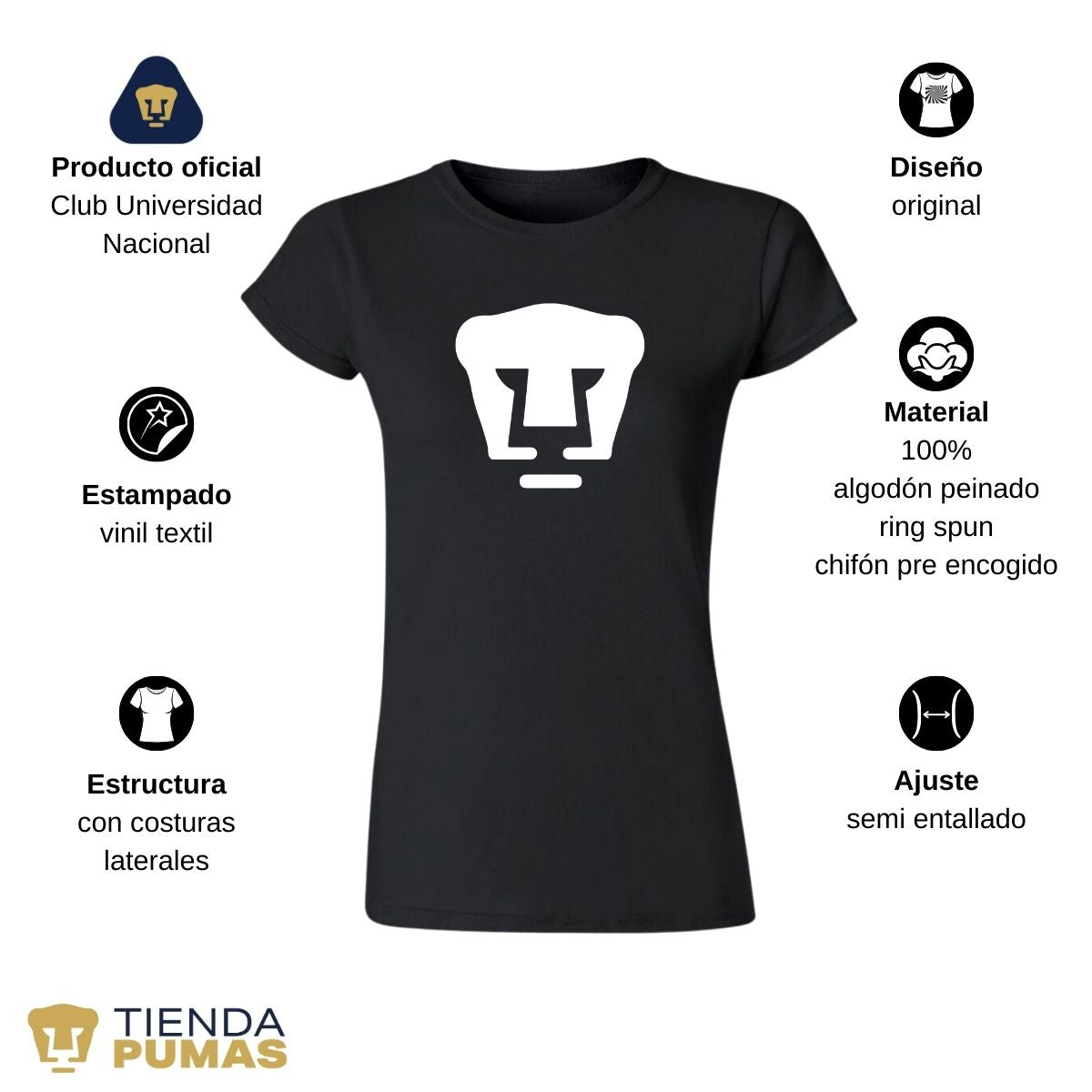 Playera Mujer Pumas UNAM Logo Monocromatico Vinil