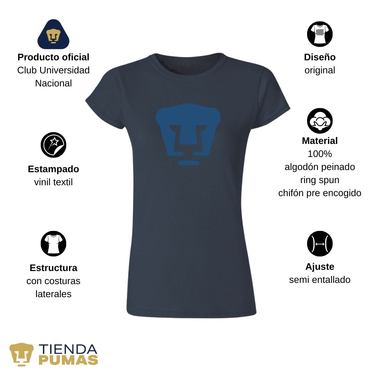 Playera Mujer Pumas UNAM Logo Azul Vinil