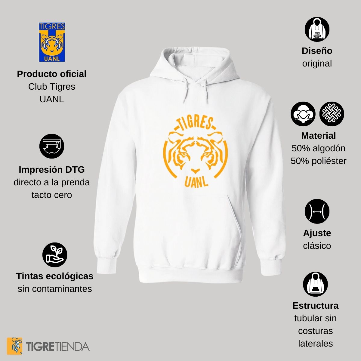 Sudadera Hombre Hoodie Tigres UANL Rostro Tigre